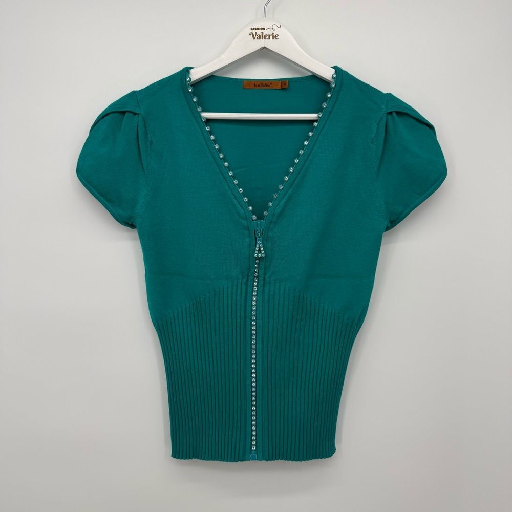 Belldini Teal Zip Jacket Rhinestone Short Sleeve Size Medium Y2k